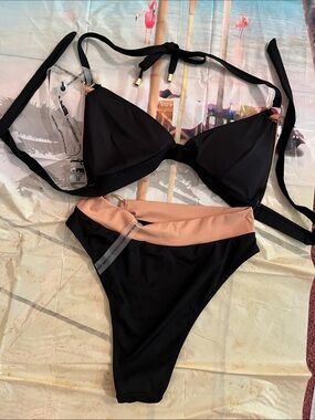 Size M Women's Black and Blush Two-Piece Swim Set